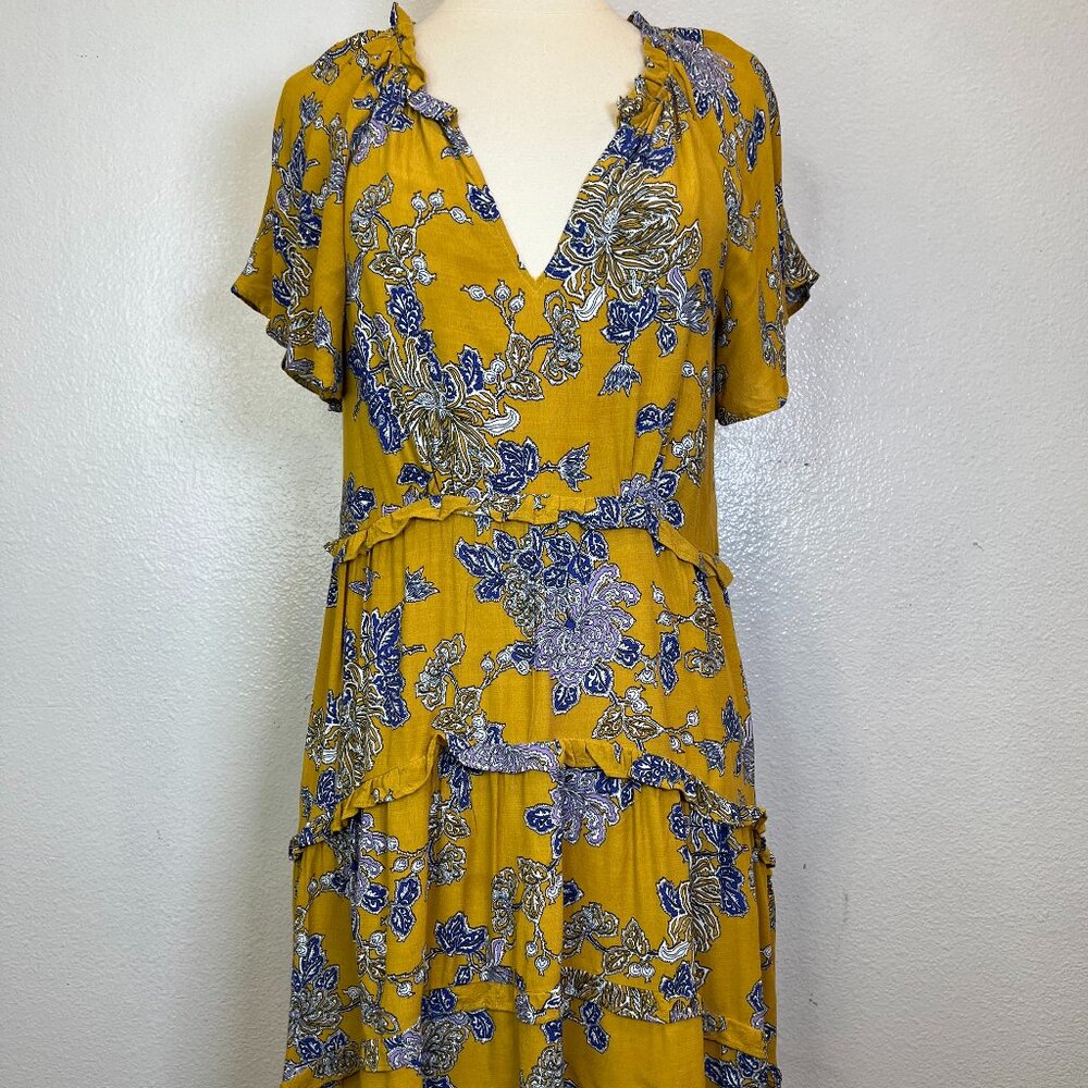 By Anthropologie Robin Tiered Floral Print Mustard‎ Blue Mini Dress size S